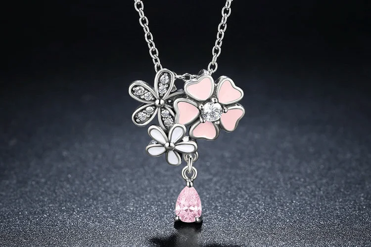 Bamoer стерлингового серебра 925 розовое сердце cherry blossom цветок 45 см подвески и ожерелья женщины стерлингов-серебро-ювелирные изделия scn046