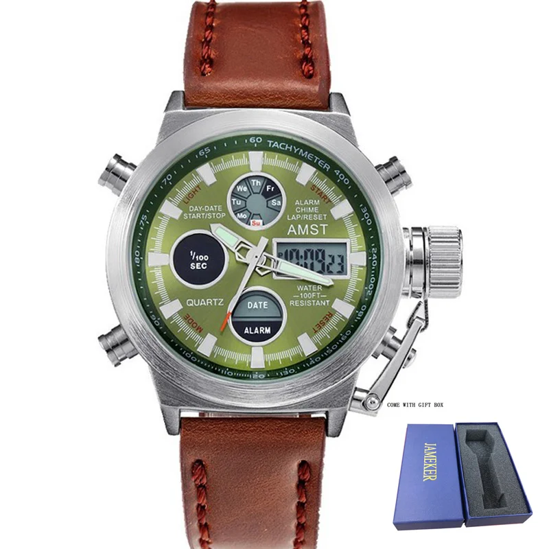 green silver brown Известный люксовый бренд AMST мужские спортивные часы мужские цифровые часы мужские армейские военные кожаные светодиодный наручные часы Relogio Masculino - Цвет: green silver brown