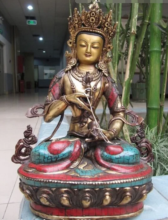 Тибетская медная бронзовая инкрустация коралловый бирюзовый статуя Будды