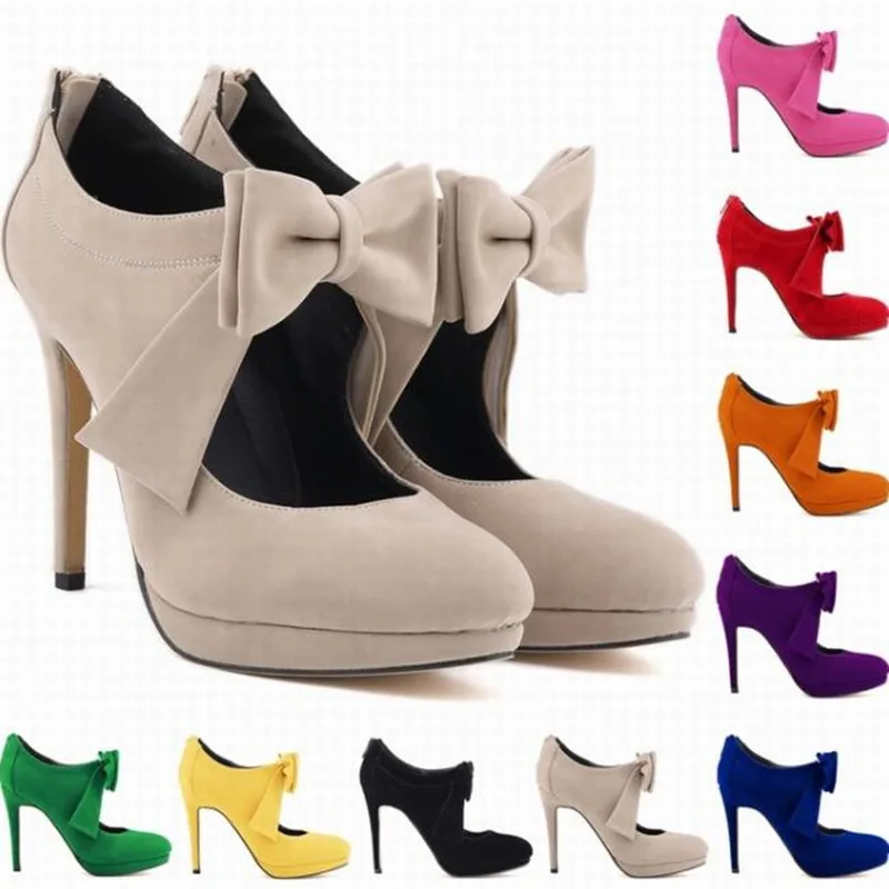 

women pumps flock high heels women shoes Pointed Toe 11 CM Thin Heels Bow tie wedding Waterproof platform shoes