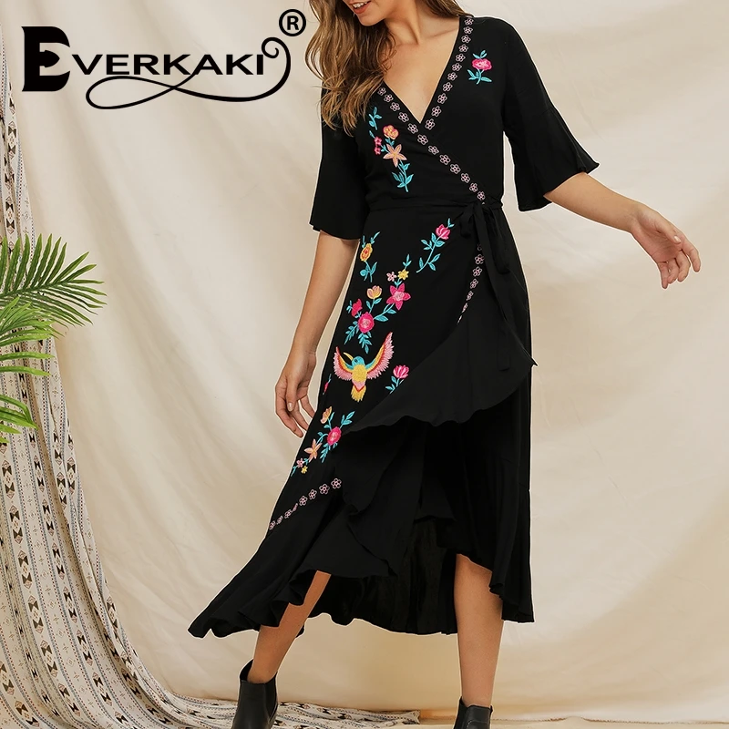 Everkaki черное Бохо длинное праздничное женское платье 2019 Подиум хлопок вышивка