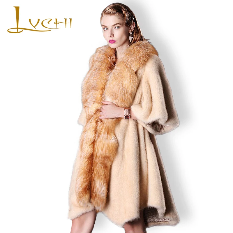 

LVCHI 2019 The Real Mink Fur coats Skirt Natural Full Pelt Slim Mink Fur Winter Coat Women's Fashion Whole Leather Mink Coat