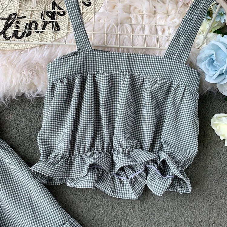 ALPHALMODA/ летний укороченный топ+ юбка трапециевидной формы, женский милый комплект из 2 предметов, куртка и юбка в клетку с высокой талией