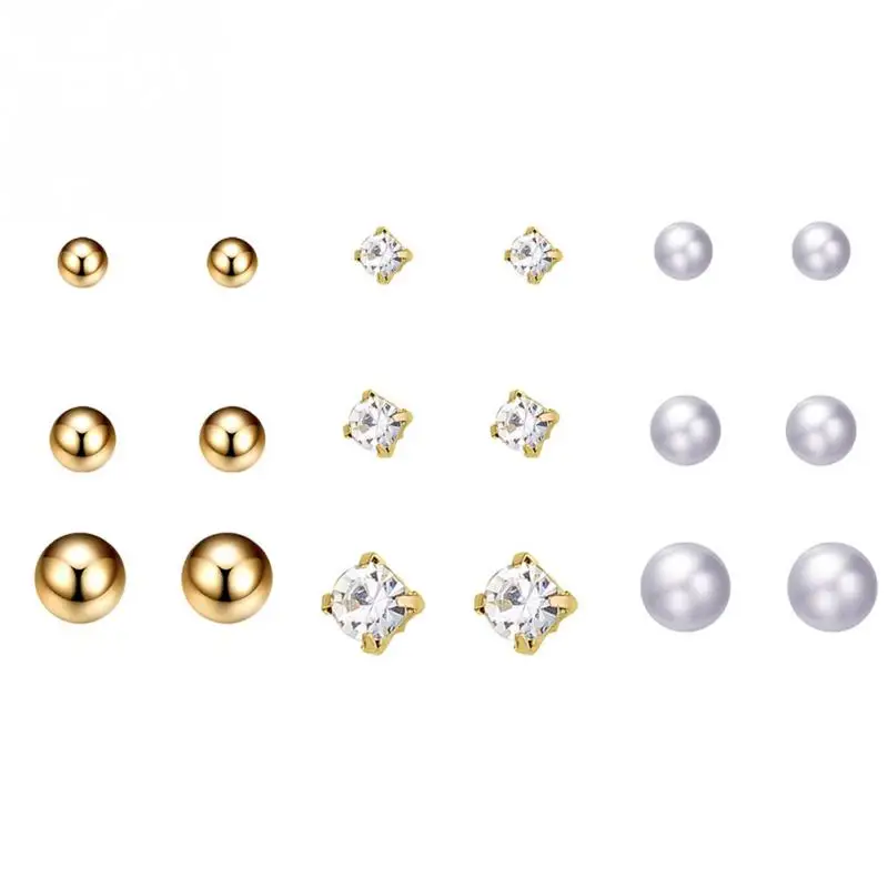 New Arrival 9 Pair Ear Stud Rhinestone Alloy Round Ball Gold Color Earrings Silver Simulated Pearl Earring Set | Украшения и