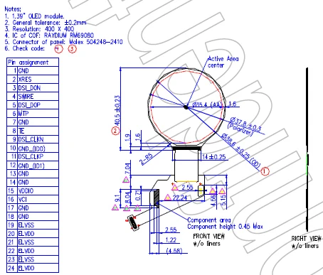 1,4 дюймовый 24PIN 16,7 M AM OLED круглый цветной экран 400(RGB)* 400 интерфейс MIPI