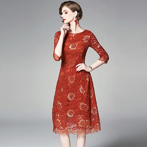 FGLAC винтажное vestidos модное повседневное кружевное платье с рукавом 3/4 элегантное тонкое Открытое вечернее платье для женщин - Цвет: Оранжевый