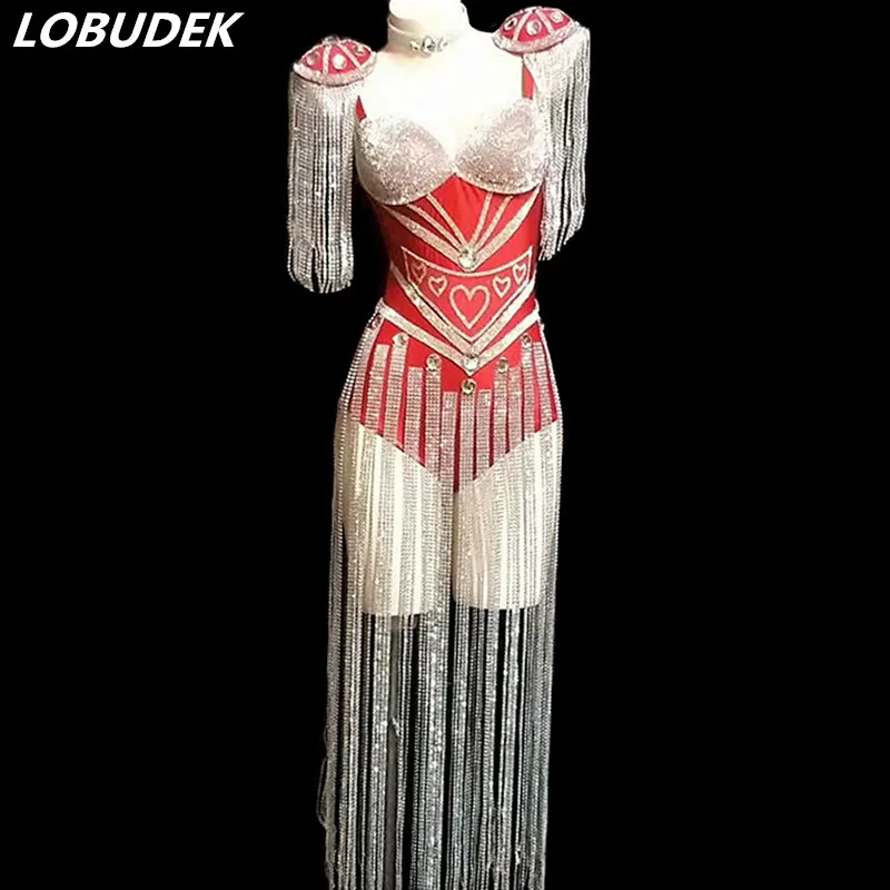 Blue Red White Black Sparkly Rhinestones Epaulet Tassel Bodysuit Fashion Women Singer DJ Dance Costume Nightclub Dancer Jumpsuit