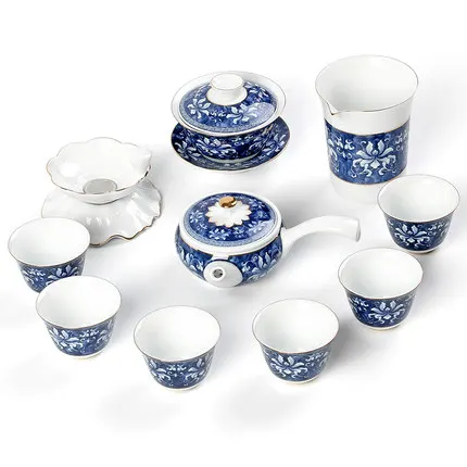 Синий и белый фарфор чайные наборы кунг-фу керамика японский домашний простой