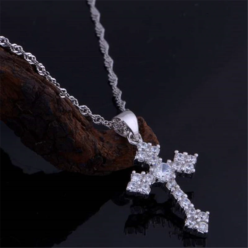 

925 Silver Jesus Cross Crystal Pendant Necklace 18 inch Chains Necklace for Women Collier Fashion Jewelry Bijoux Gifts