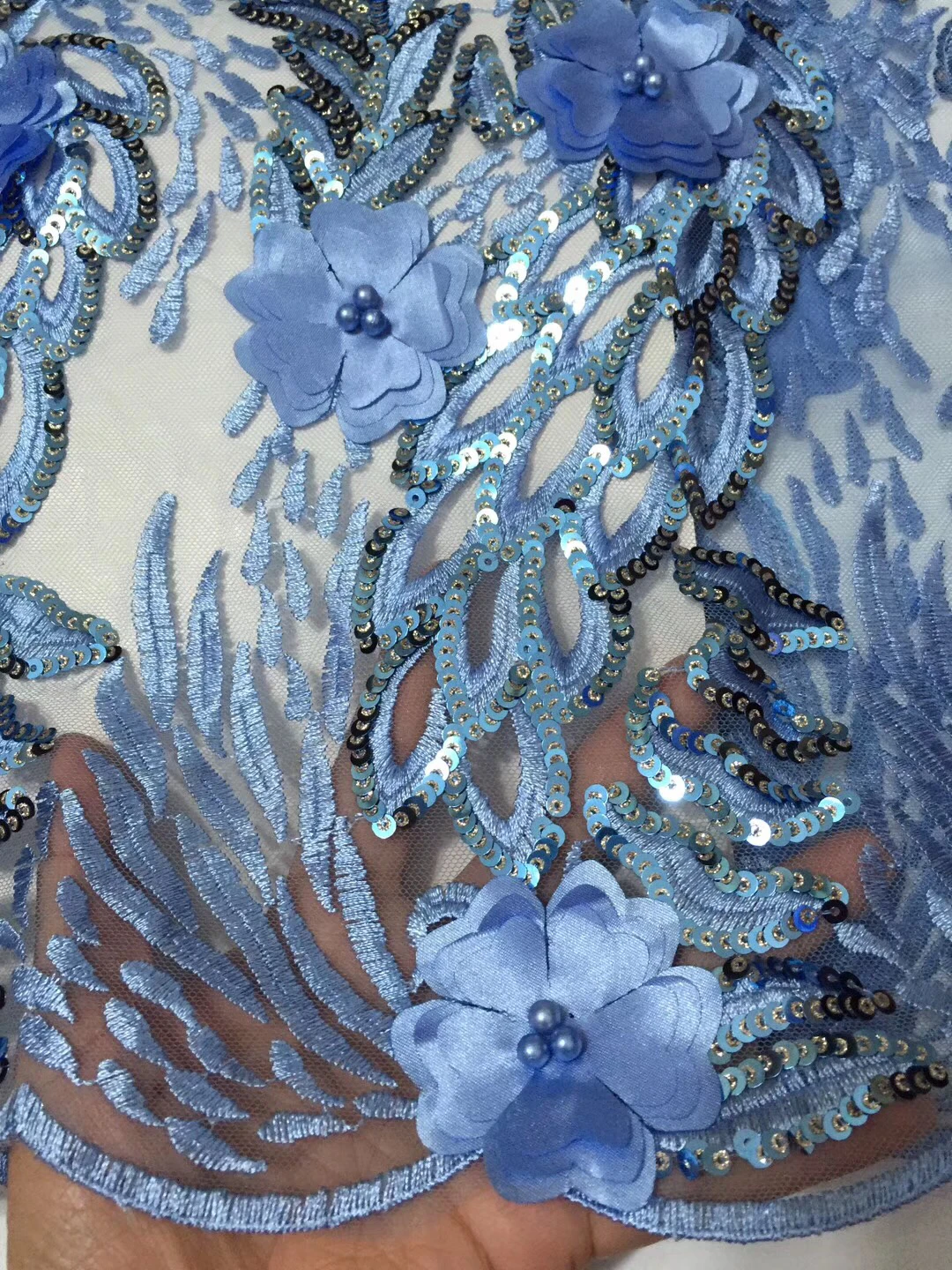 

Beautiful Blue african lace fabrics Latest chiffon net lace fabric for wedding 3d flowers with bead and sequins lace LCD9152A