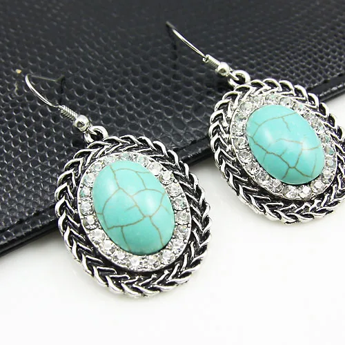 Тибетские посеребренные винтажные зеленые серьги с камнем модные ювелирные