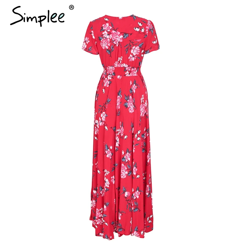 Simplee цветочный принт Красное длинное платье для женщин короткий рукав v образным