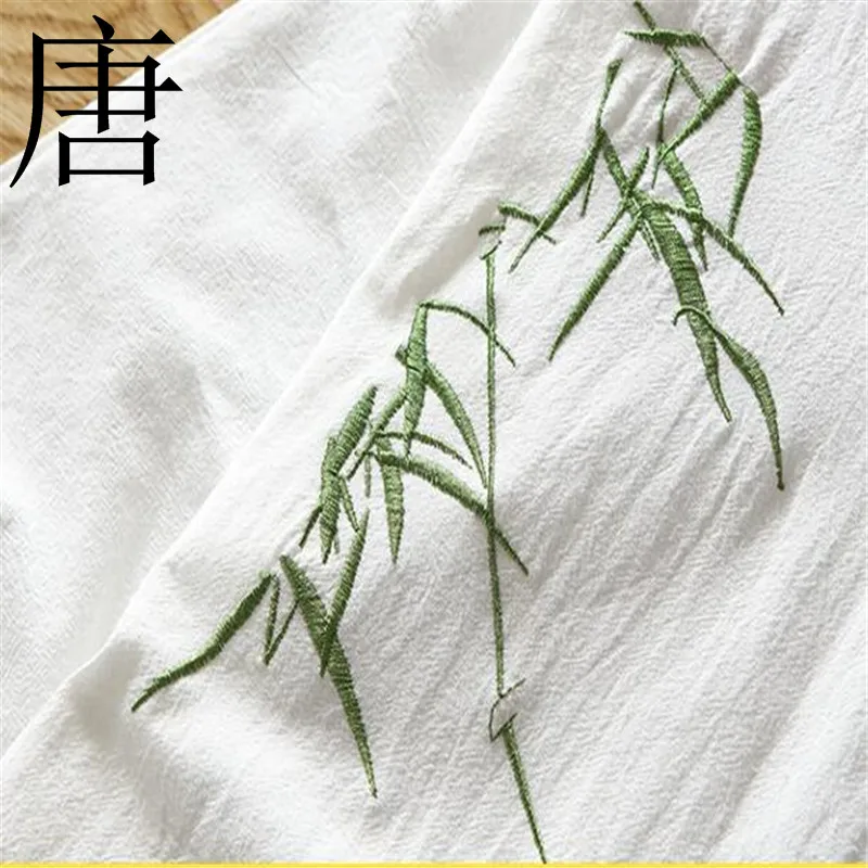 Мужской льняной спортивный костюм повседневный топ с бамбуковой вышивкой и