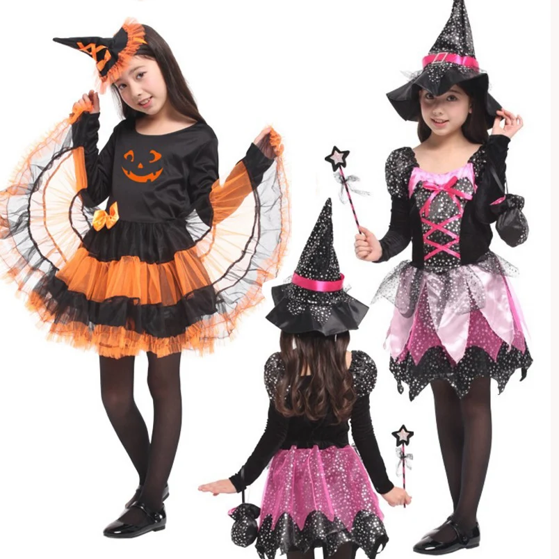 Дети Девочка Хэллоуин косплей фиолетовый флэш-Кастер платье ведьмы Тыква
