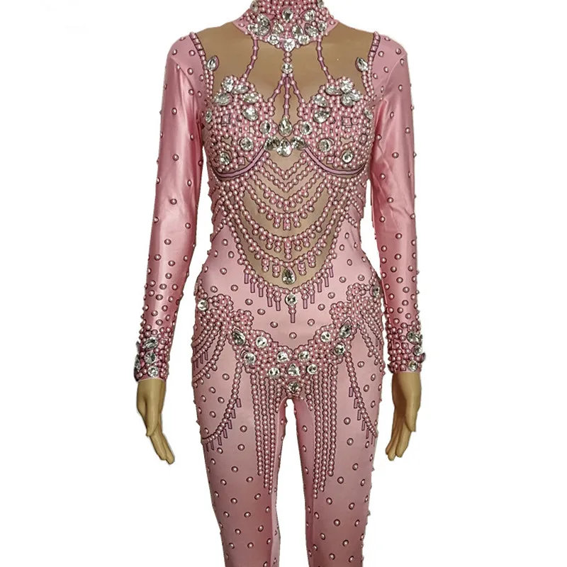 Pink Pearl Rhinestones Elastic Jumpsuit Crystals Leotard Long Sleeve Rompers Women Birthday Party Outfit Nightclub Costumes