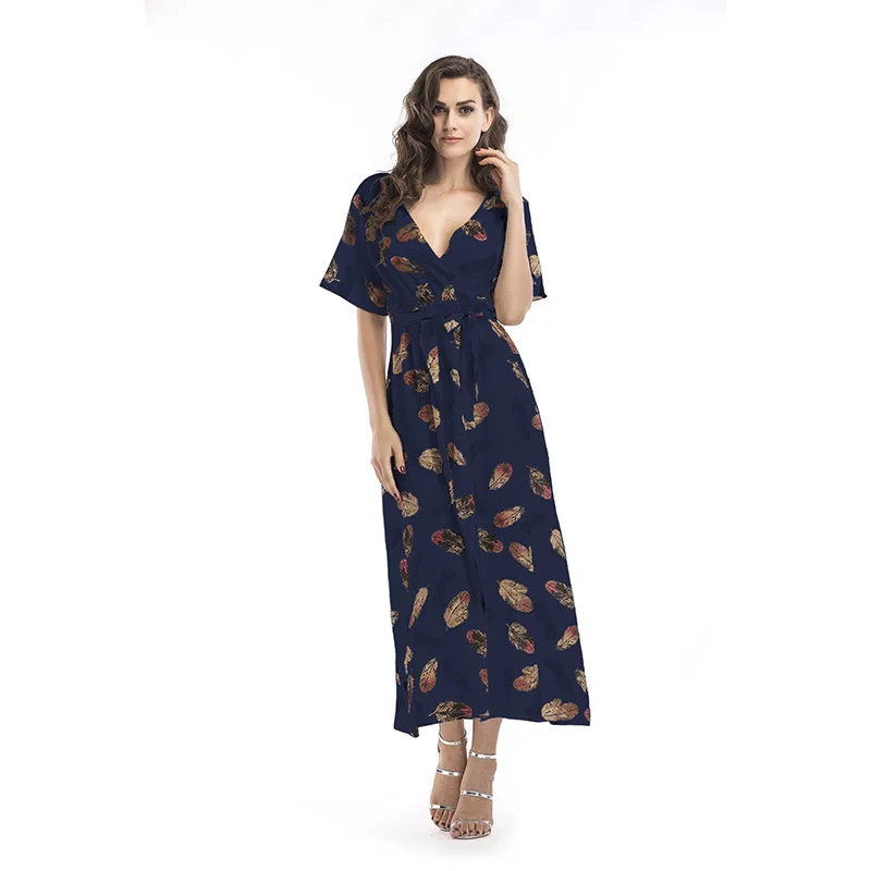 Для женщин Boho Стиль длинное шифоновое летнее платье женский короткий рукав