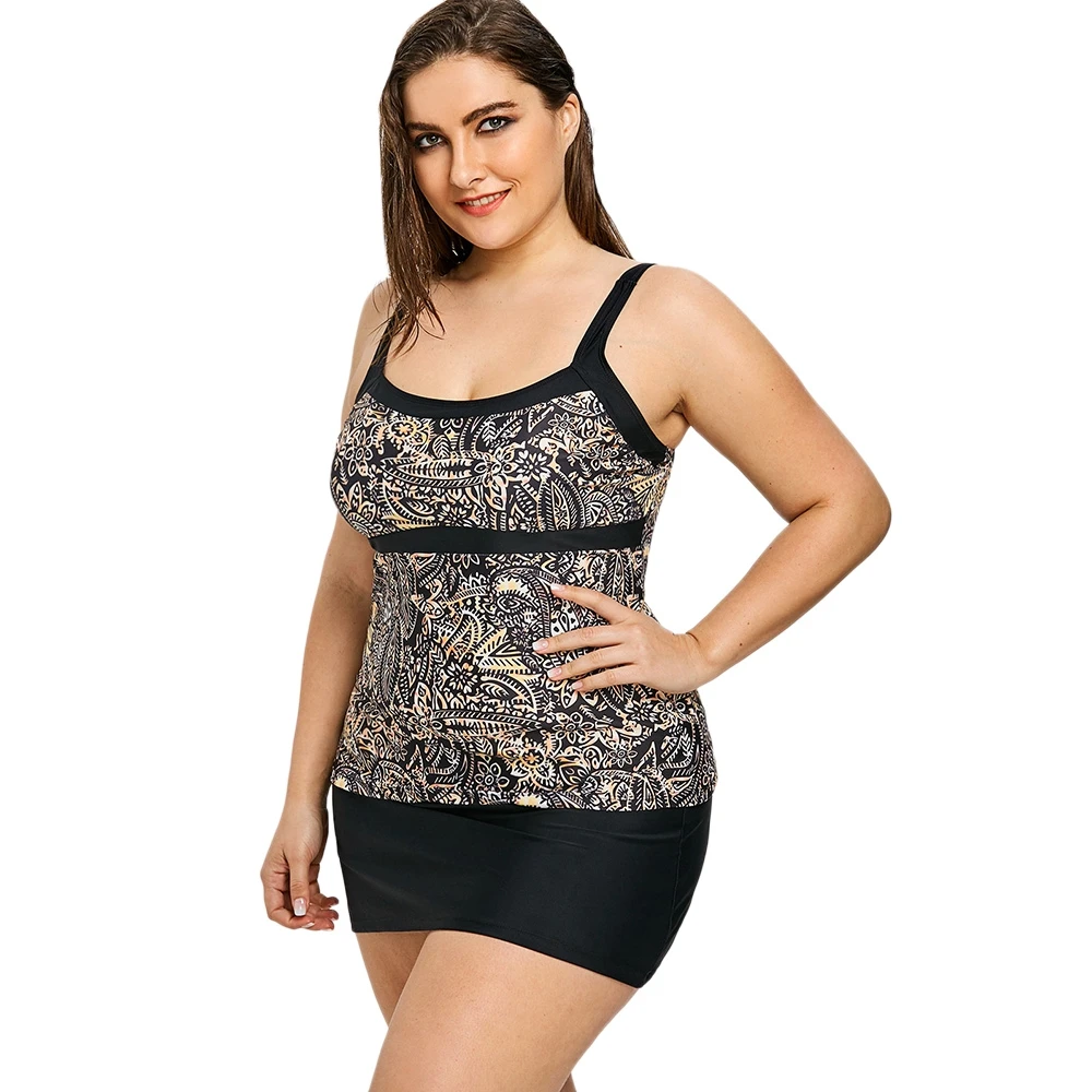 Танкини больших размеров листья тропических растений две детали с принтом