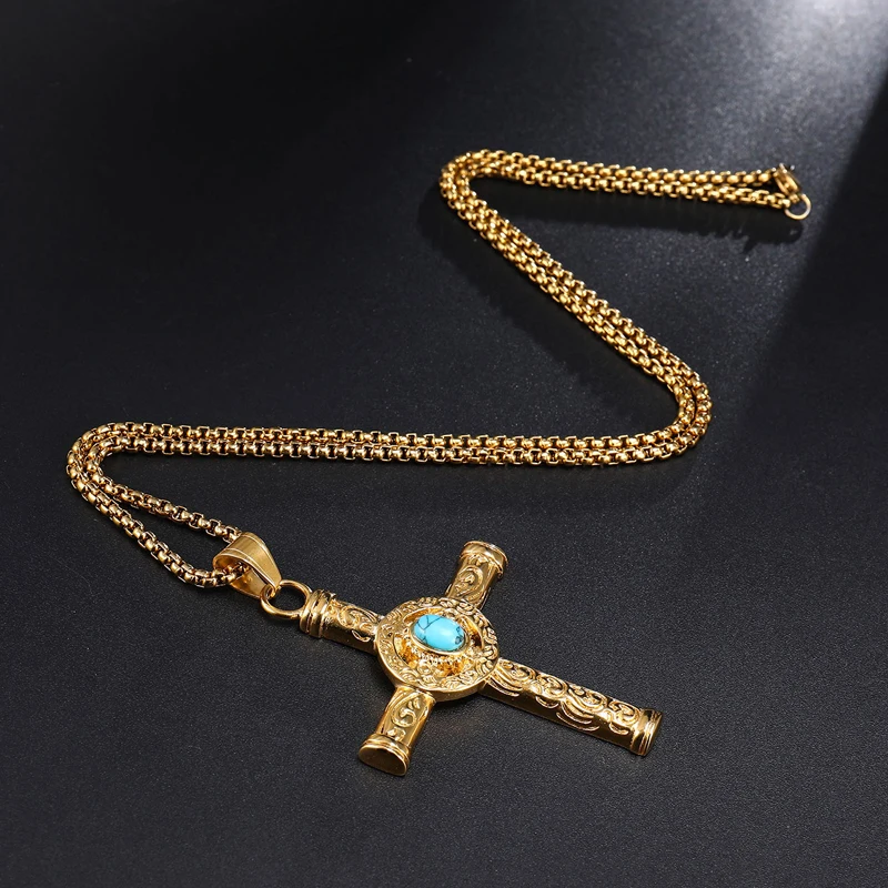 Retro Natural Black Blue Turquoises Cross Pendant Necklace Men Vintage Stainless Steel Religious Jesus Crucifix Male Jewelry | Украшения и