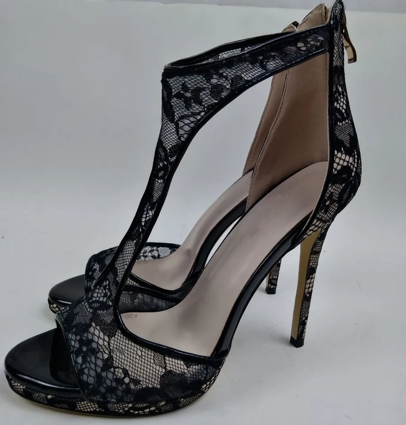 Летние женские кружевные сандалии с Т-образным ремешком и открытым носком черным