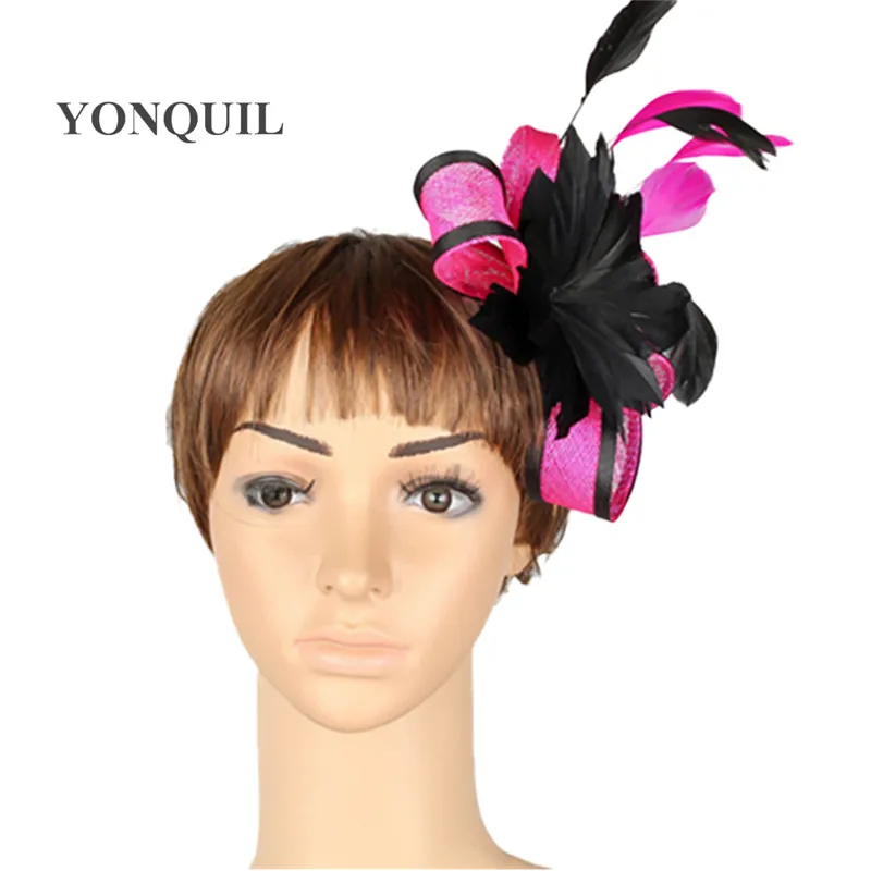 Sinamay Fascinator Headwear Feather Flower Occasion Show Hair Accessories Red Millinery Cocktail Hat Wedding Headpieces 21 Color