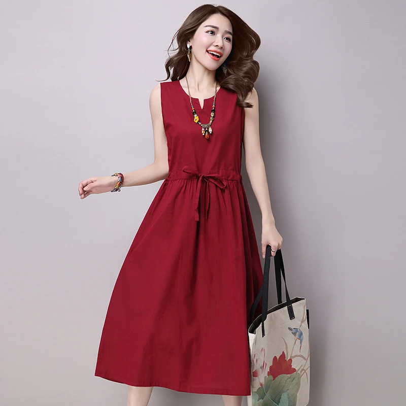 

Vintage Women Long Dress 2019 Summer Sexy V Neck Sleeveless Cotton Dress Belted Loose Party Vestidos RE2350