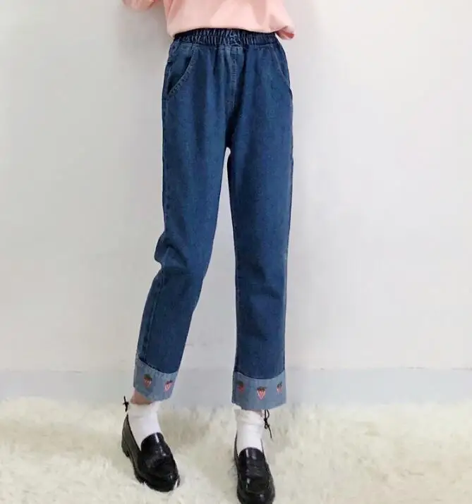TBML01 DARK BLUE Джинсы "Лолита" для девочек женские весенние студенческие свободные в Корейском стиле с вышивкой в виде ягод клубники теплые штаны, Тонкие штаны девять процентов прямые джинсовые штаны TBML01 - Цвет: TBML01 DARK BLUE