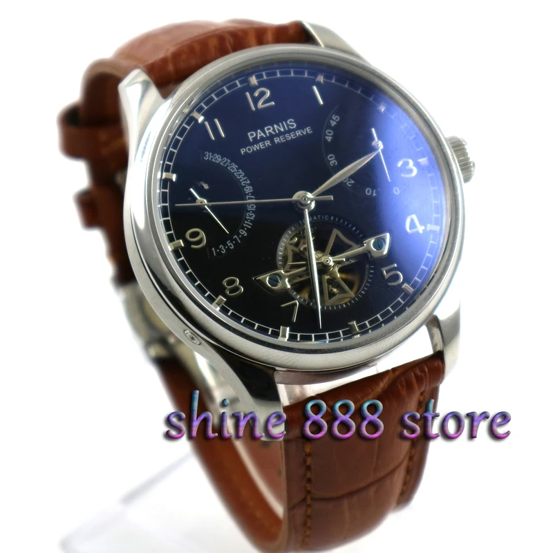 

43mm Parnis watch power reserve Black dial Brown strap date Automatic Self-Winding movement Men's watch