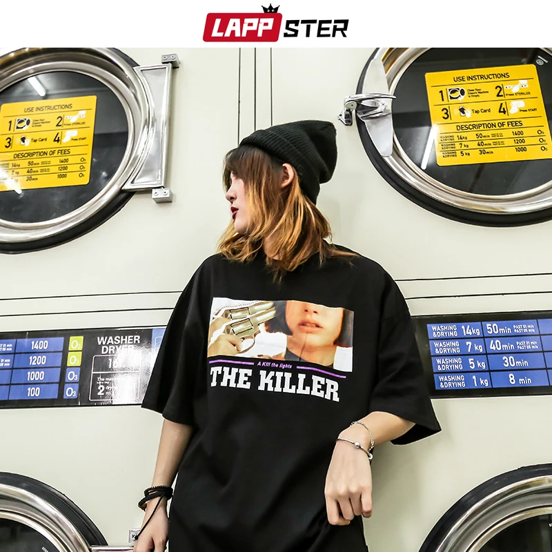 LAPPSTER уличная Harajuku футболка убийца Футболка с принтом корейский стиль короткий рукав пара Черный Забавный футболки