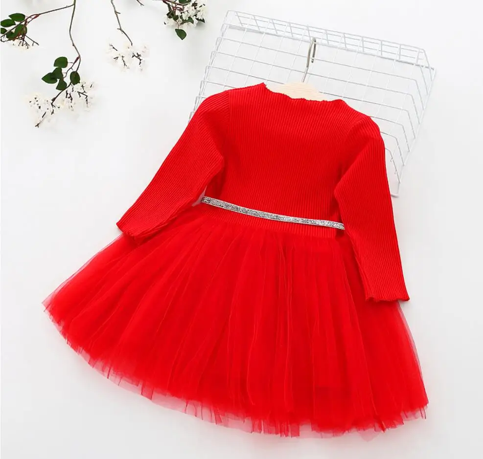 Newborn Kids Baby Girls Knitted Long Sleeve stars belt Lace Tutu Dress Clothes Children Casual Fashion Dresses Red Yellow Pink | Детская