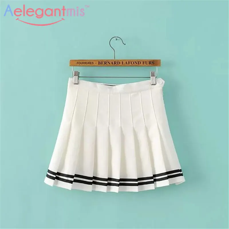White Aelegantmis, милая плиссированная юбка, для женщин, элегантный дизайн, мини юбка с высокой талией, для девочек, винтажная, черная, белая, милая, школьная форма, юбки - Цвет: White