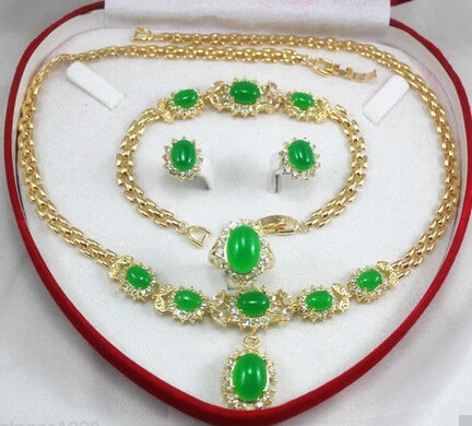 Бесплатная доставка 00784 ювелирных изделий из зеленого нефрита с желтым золотом - комплект сережек, браслета, ожерелья и кольца +(коробка) (A0511).