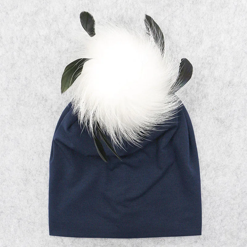 Navy blue 1 Женская шапка с помпоном из натурального меха, осенне-зимняя хлопковая шапка-маска, меховая шапка с помпон из меха енота, шапка с пером - Цвет: Navy blue 1