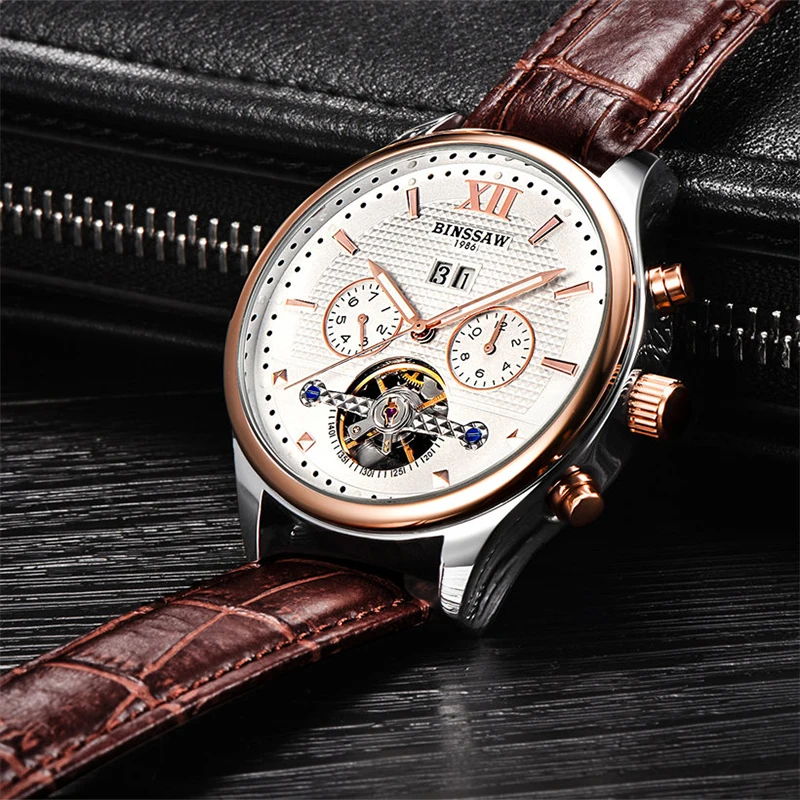 BINSSAW Модные Военные автоматические механические часы мужские Tourbillon кожаные с