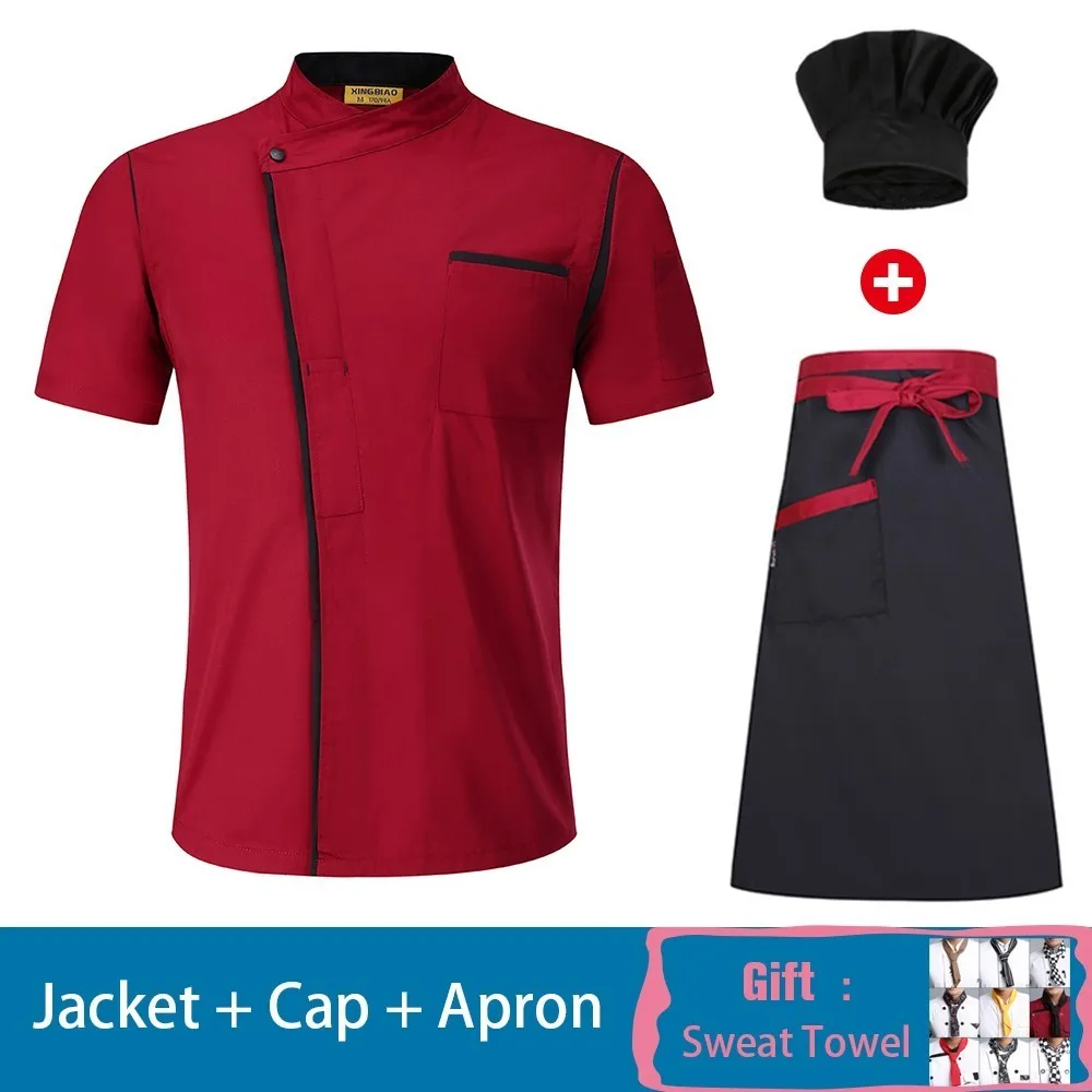Red Set 2 Мужская кухонная куртка с коротким рукавом фартук шляпа столовая Ресторан униформа для гостиничного шеф-повара кафе парикмахерские салон Рабочая Рубашка - Цвет: Red Set 2