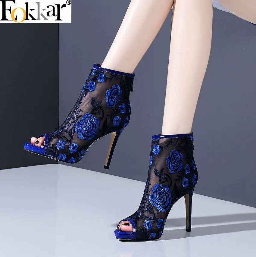 

Eokkar 2019 Peep Toe Solid Embroider High Heel Stiletto Pumps Elegant Ankle Zipper Strap Mesh Ladies Bule Shoes Women Size 34-40