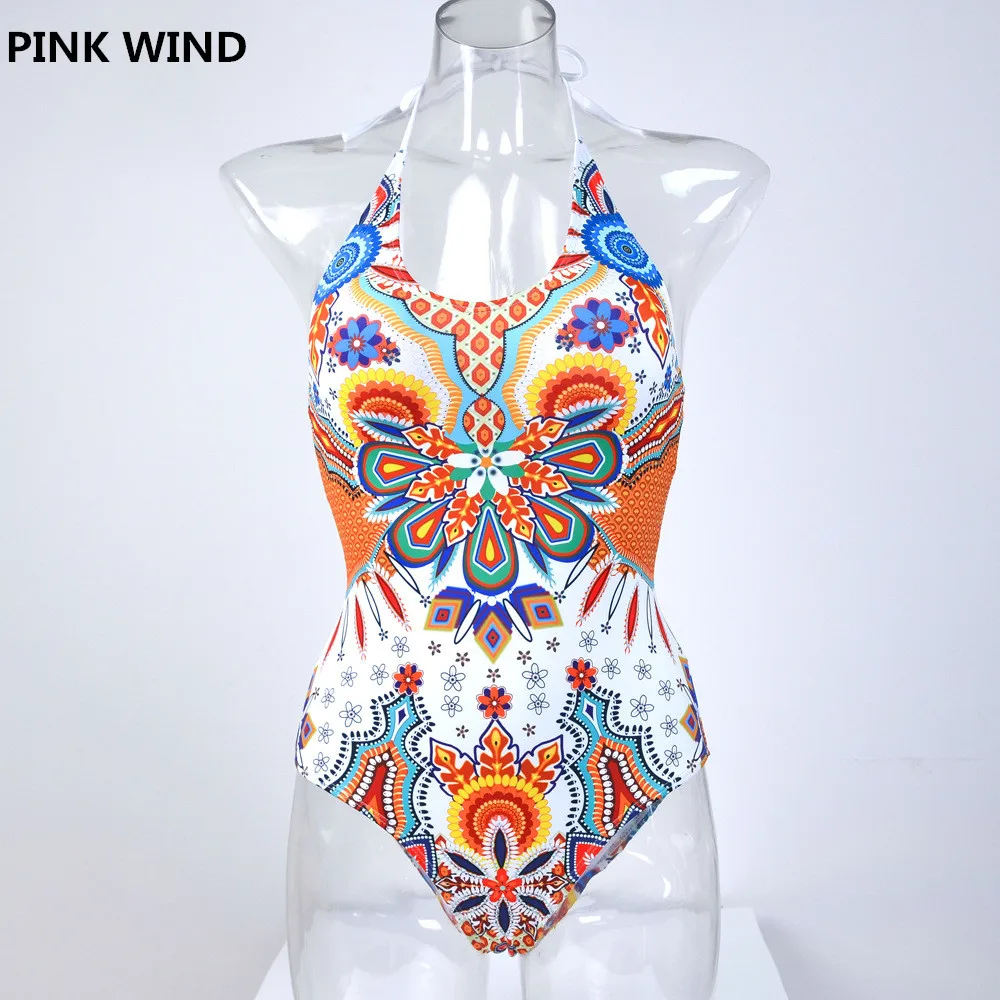 Женский слитный купальник розовый в стиле ретро с ацтекским принтом сексуальный