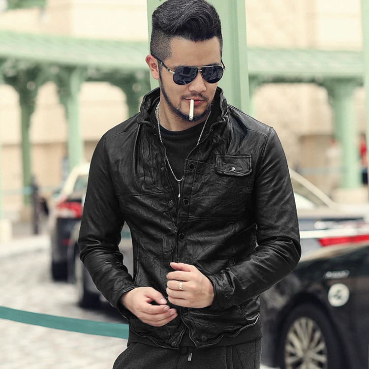 

Men's Autumn and Winter Sheepskin Casual Retro Fold Sheepskin Leather Jacket Men Slim Fit Black Genuine Leather Jacket L1826