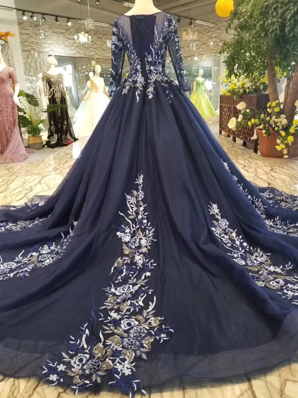 H&S BRIDAL Vintage Long sleeve prom dresses appliques evening gowns robe de soiree abendkleider navy blue prom gowns