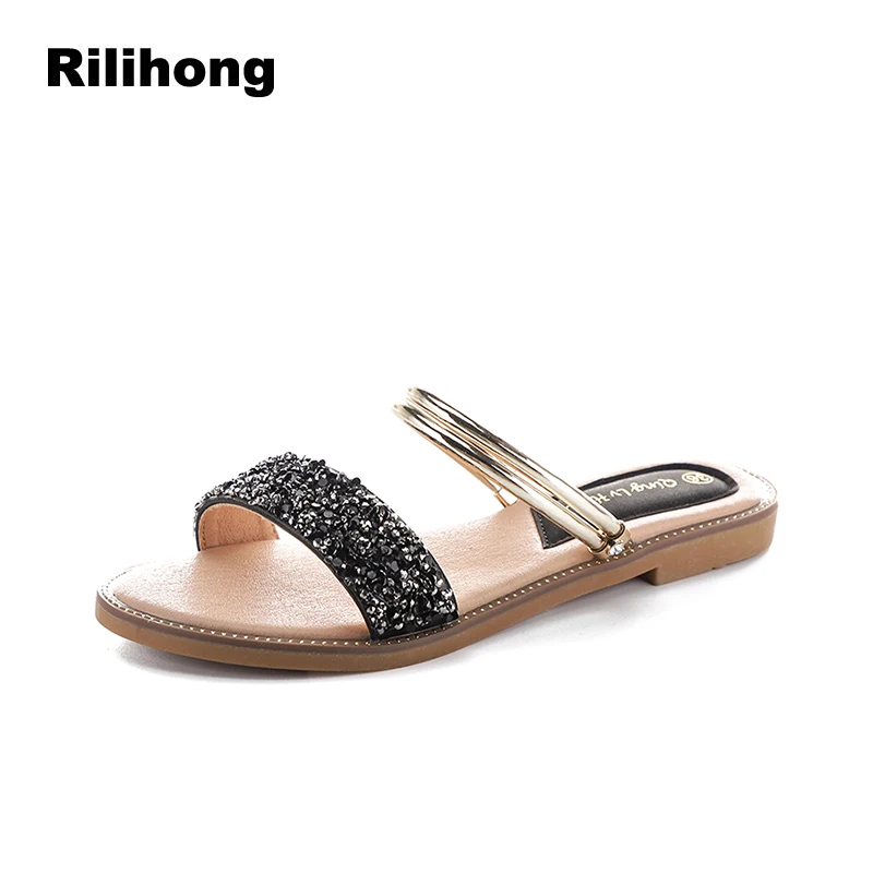Серебряные Плоские Тапочки летняя модная обувь женщина Кристалл Bling Однотонная