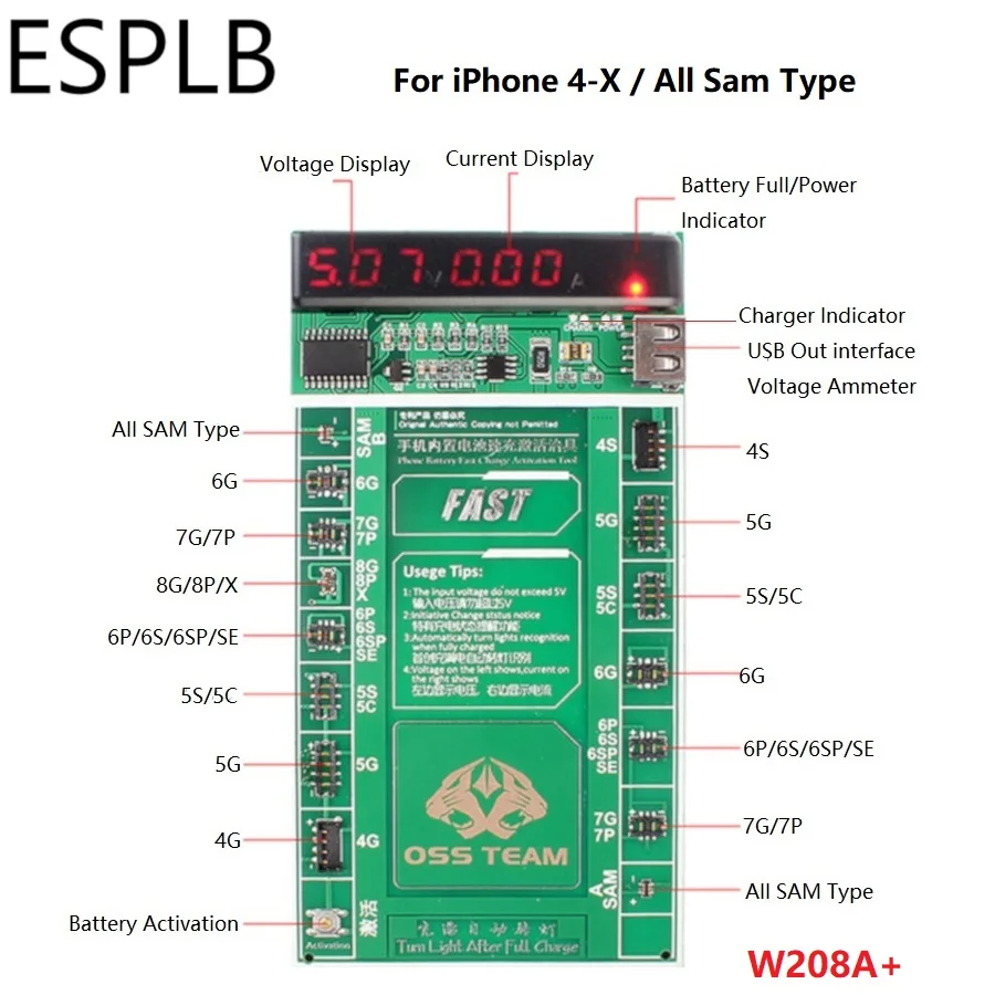 W208A Plus Плата активации зарядки аккумулятора ESPLB для iPhone X, 8 P, 8, 7 P, 7, 6 P, 6 S, 6SP, 5S, 5C, 5, 4/samsung/Xiaomi/Oppo/huawei с быстрой зарядкой - Цвет: W208A Plus