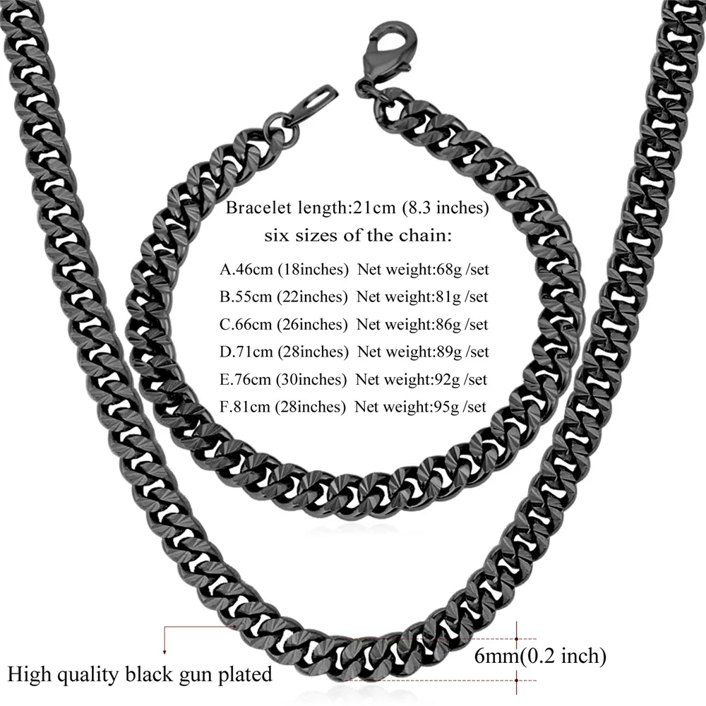 Черный бордюр кубинская цепь ожерелье браслет комплект ювелирных изделий для мужчин 6 мм Длина варианты