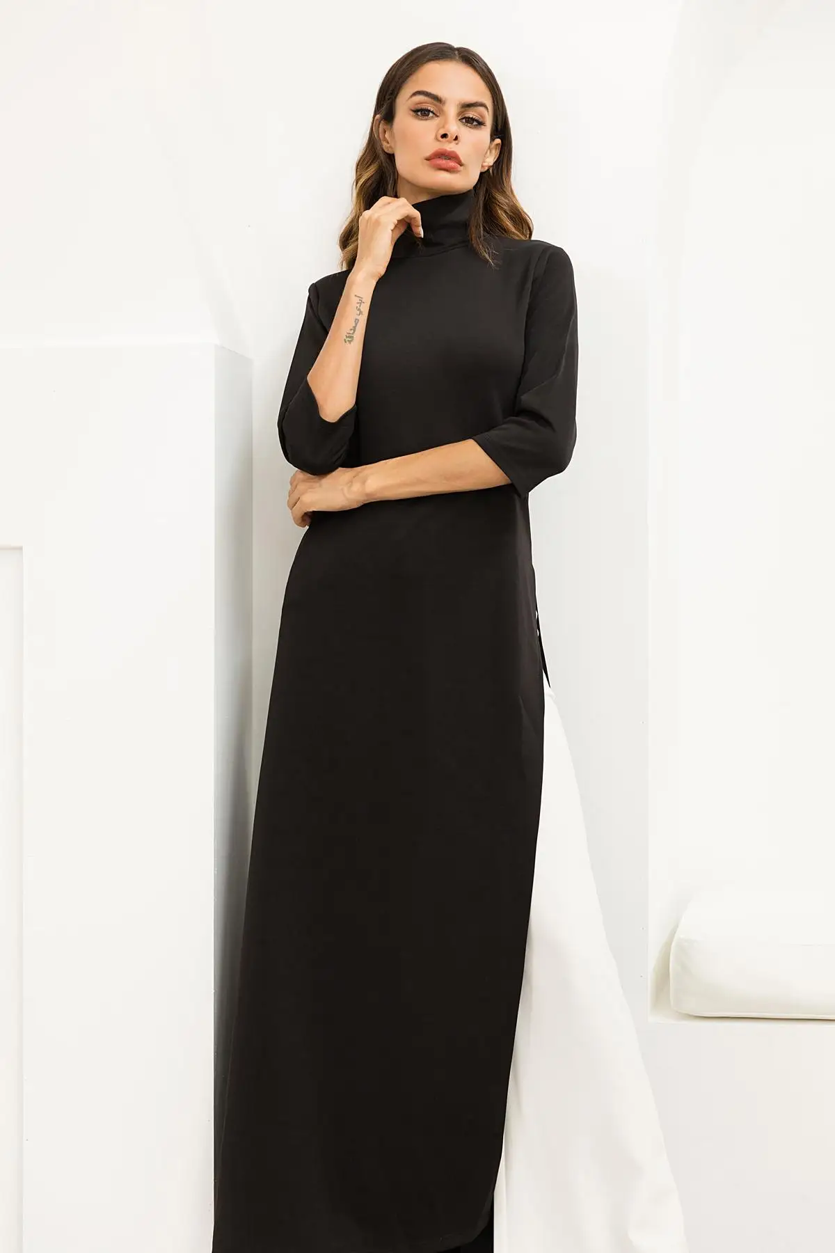 

Women Dress Turtle Neck 3/4 Sleeve Loose Elegant Casual Hight Spilt Long Maxi Dress Evening Party Ball Gown Fashion