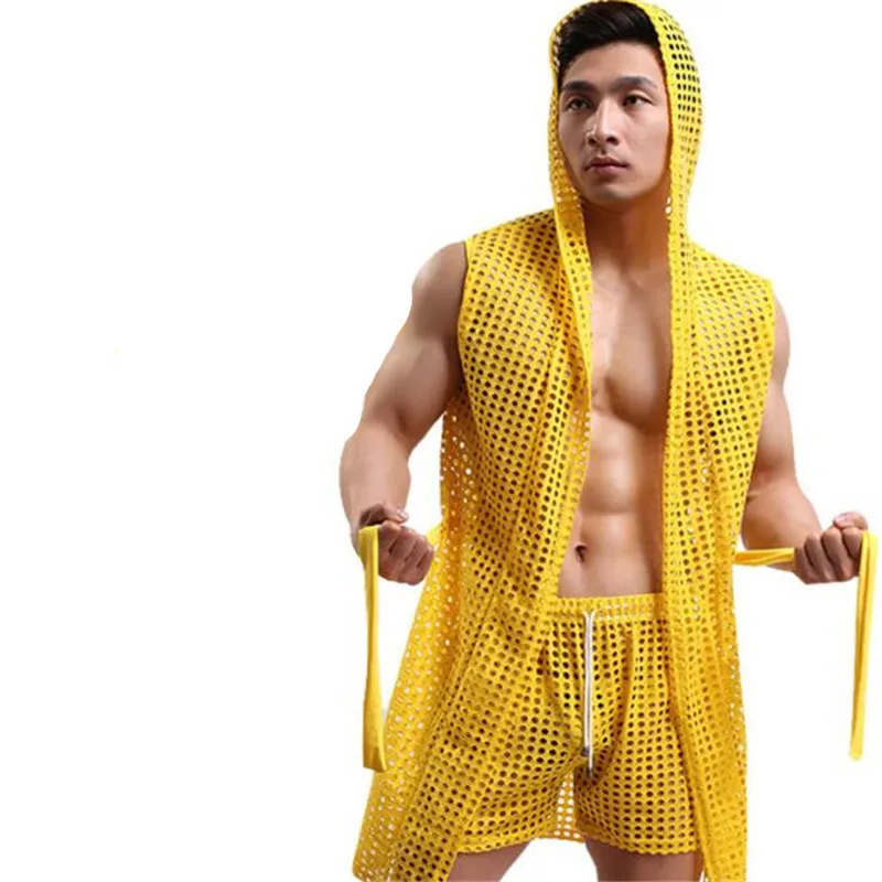 

Men's Hooded Sleepwear Bath Wear,Men's Sexy Long Mesh Pajama Sets,Men's Robe,Include Shorts