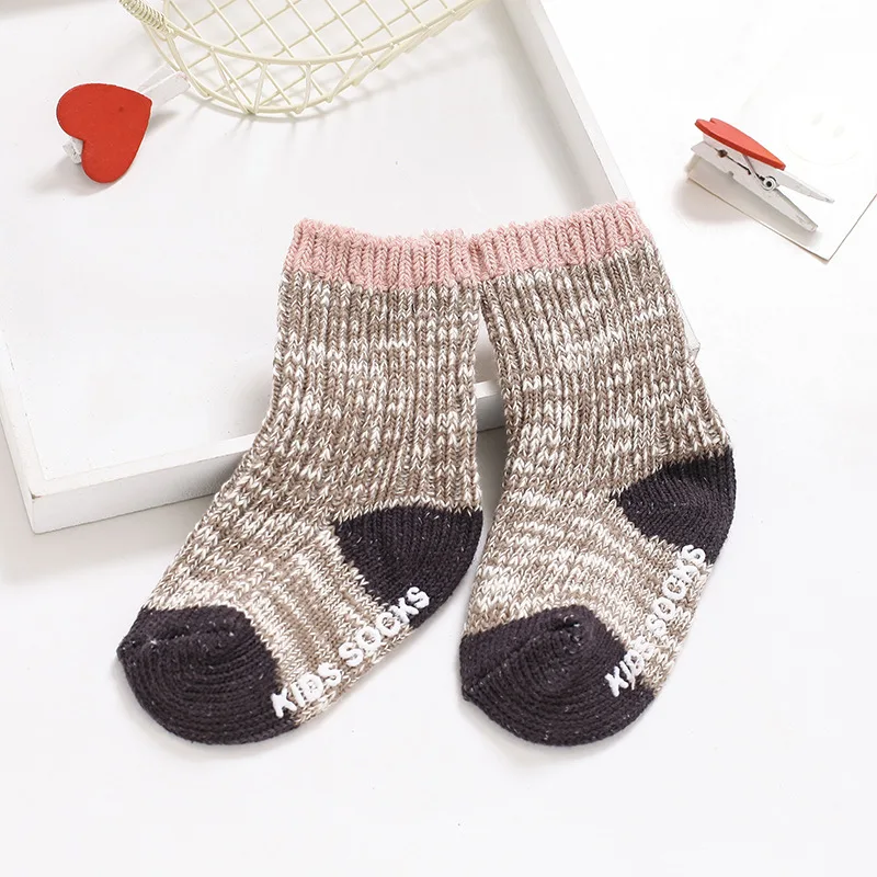 Baby Thicken Cotton Yarn Wool Socks Breathable Warm Middle Tube infant Pure Color Letters Kid Sock Anti-Slip Rubber Bottom | Детская
