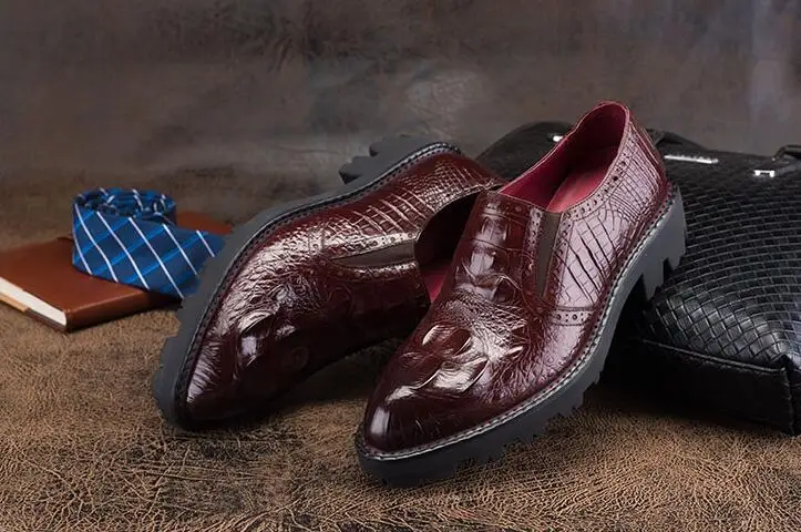 

Smart casual shoes men slip on plaform chunky heel height increasing shoes slip on elastica band alligator print dress oxfords