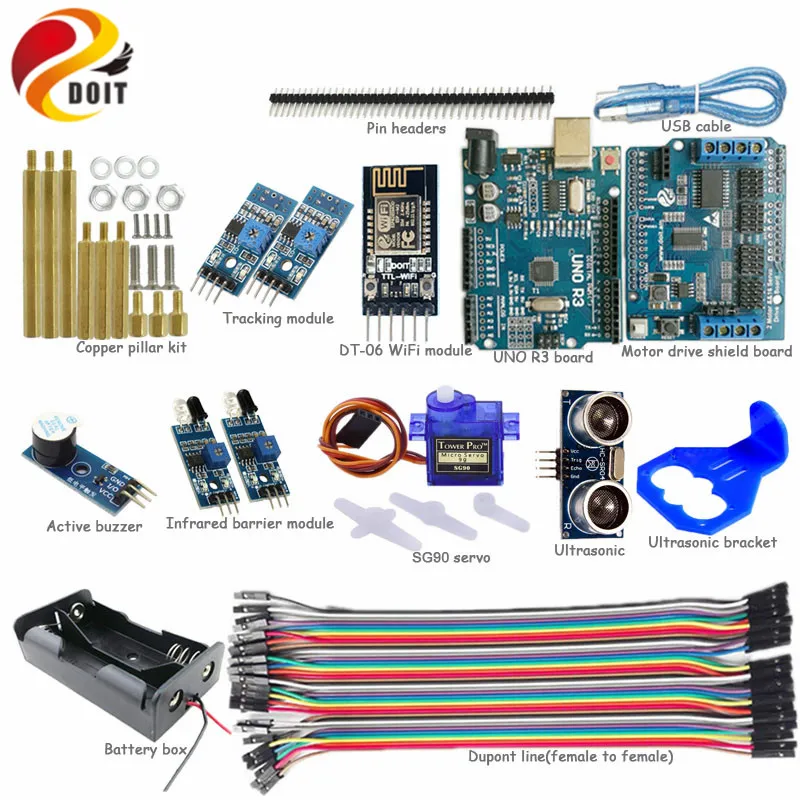 

Officail DOIT WiFi Control Avoidance Tracking Smart Car Kit with UNO R3 Board+Ultrasonic+Buzzer+SG90 Servo DIY