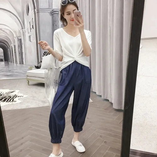 Short Sleeve White Tops Thin Denim Blue Harem Pants Suit Women Casual Chic Summer Sets Woman Fashion Korean 2 Piece Set Clothes | Женская