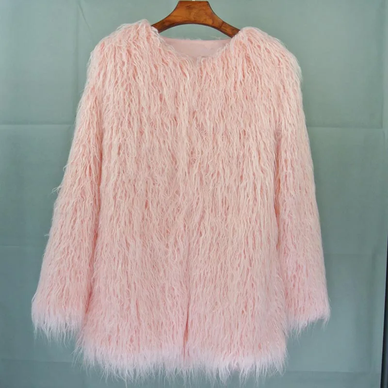 pink fur coat Пушистая женская теплая шуба из искусственного меха куртка размера плюс XXXL овечья шуба женская розовая шуба из искусственного меха зимняя Роскошная верхняя одежда - Цвет: pink fur coat