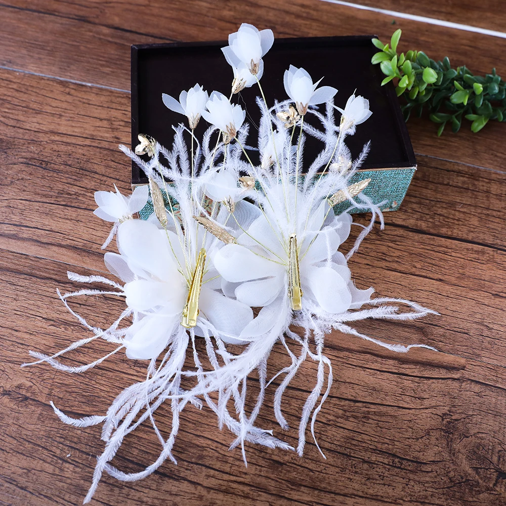 Одна пара искусственных цветов заколки перья для волос белые свадебный головной