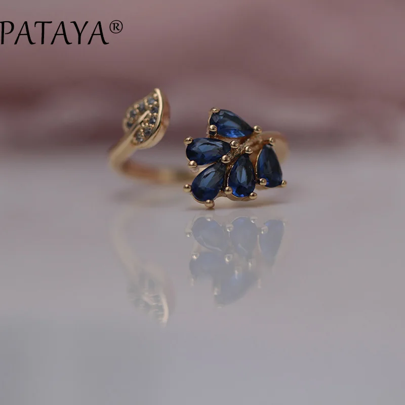 PATAYA, модные темно-синие серьги в форме капель воды из натурального циркония, открытые кольца, наборы, 585, розовое золото, эксклюзивный дизайн, Женские Ювелирные изделия